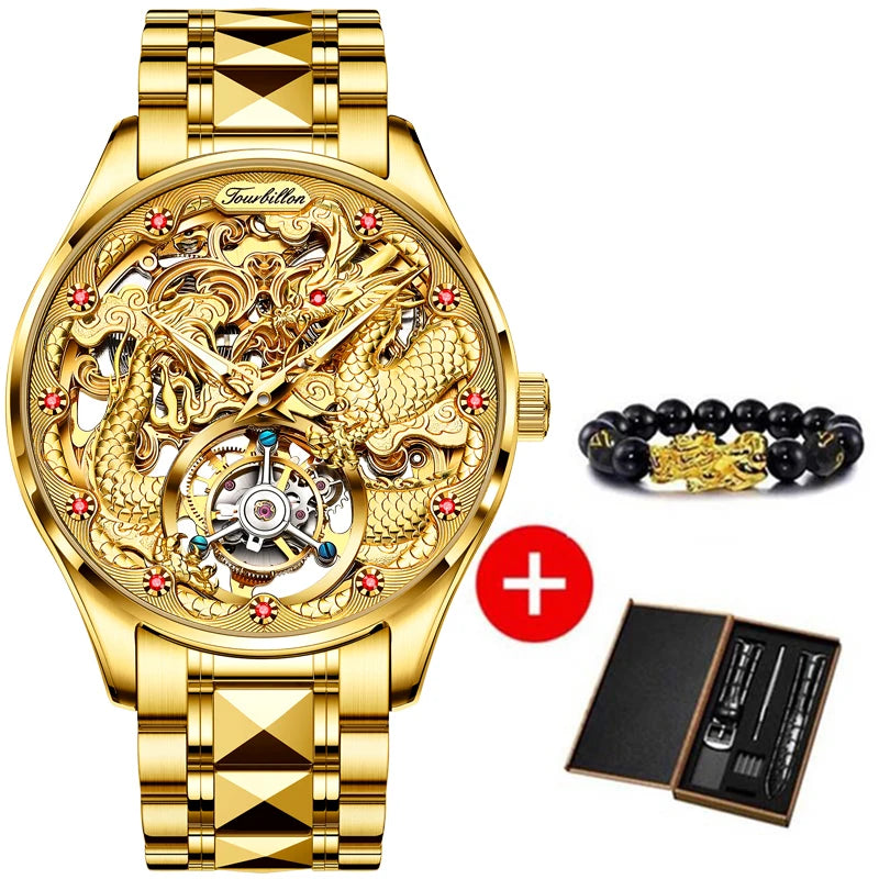 OUPINKE Tourbillon Automatic Men's Watch Skeleton Gold Watch Sapphire Ruby Luxury Wristwatch Waterproof Men's Mechanical Watch