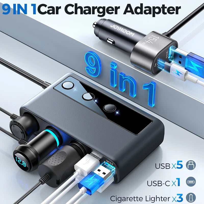 9 in 1 Car Charger Adapter PD 3 Socket Cigarette Lighter Splitter