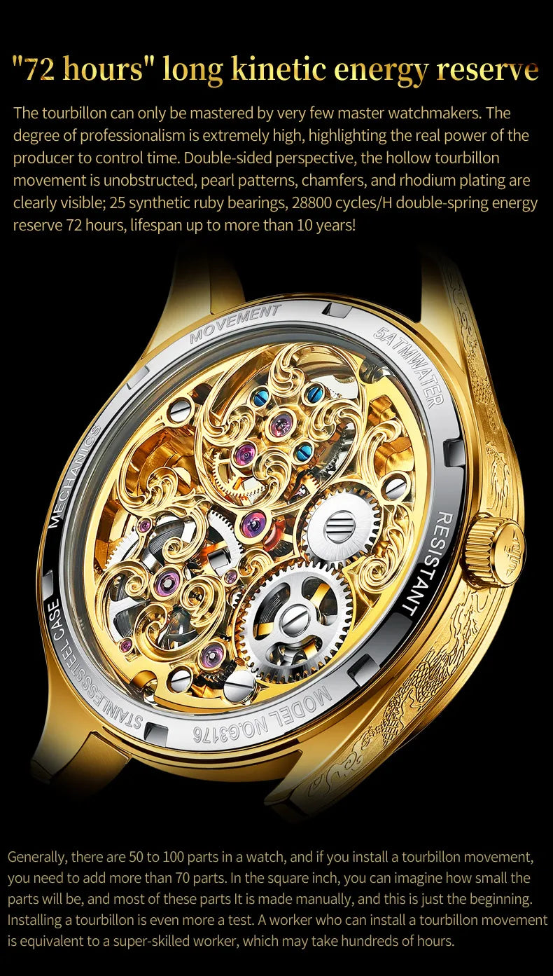 OUPINKE Tourbillon Automatic Men's Watch Skeleton Gold Watch Sapphire Ruby Luxury Wristwatch Waterproof Men's Mechanical Watch