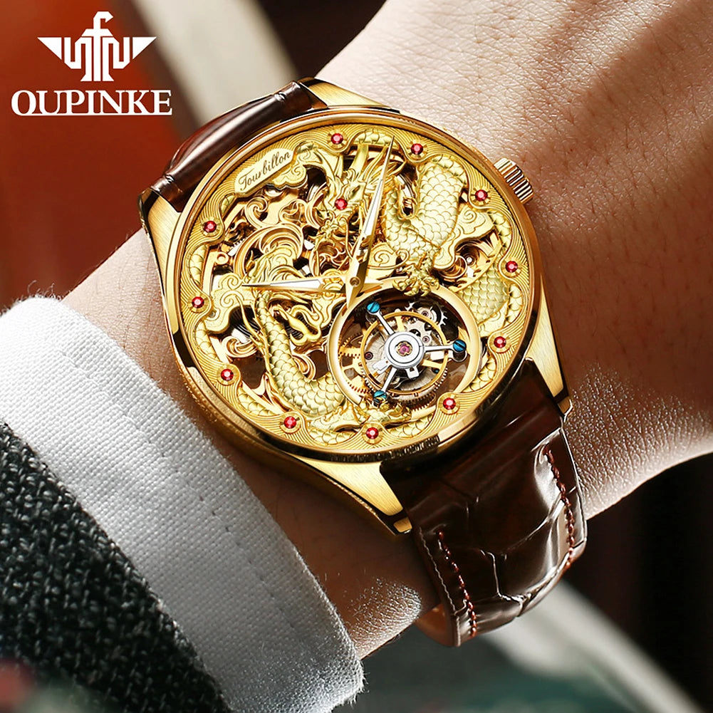 OUPINKE Tourbillon Automatic Men's Watch Skeleton Gold Watch Sapphire Ruby Luxury Wristwatch Waterproof Men's Mechanical Watch