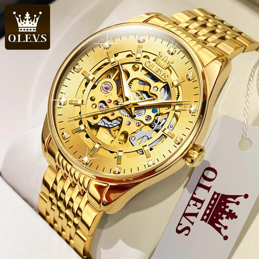 OLEVS Men's Watches Luxury Gold Skeleton Automatic Mechanical Wrist Watch for Man Waterproof Stainless Steel Luminous Business