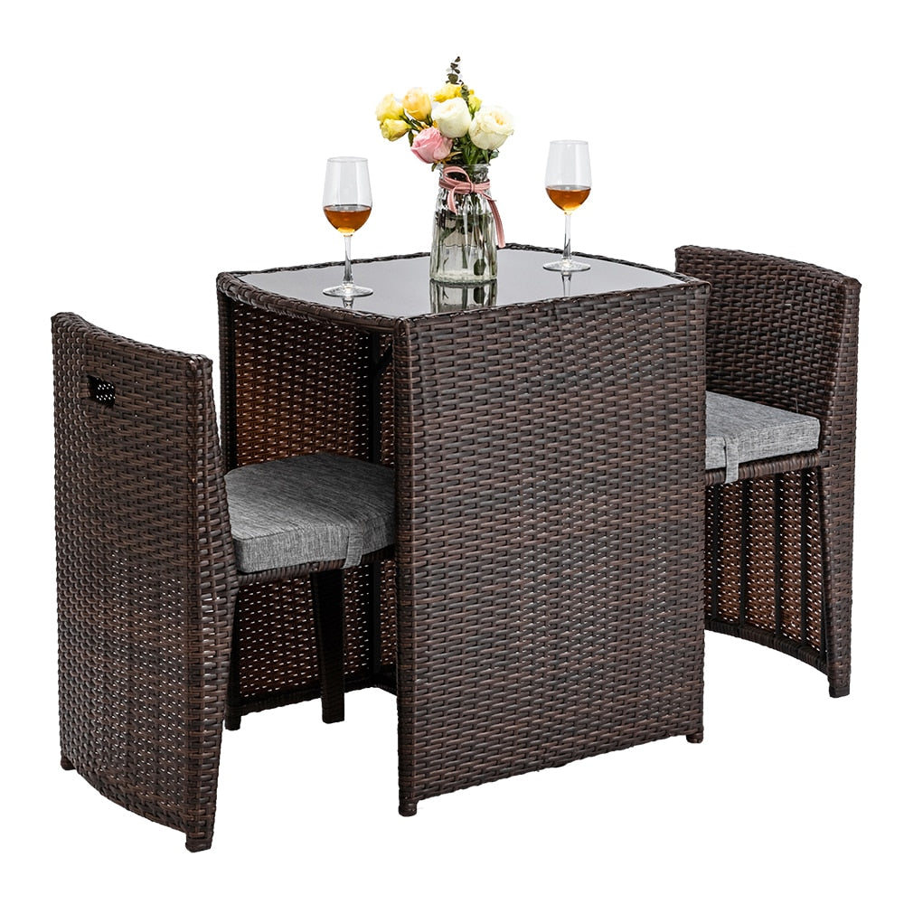 Outdoor Patio Furniture Set 3PCS Rattan Wicker Bistro Set with Glass Top Table - mannisgreatdeals