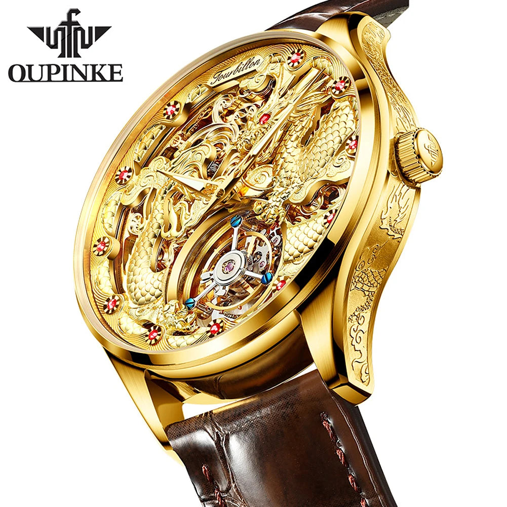 OUPINKE Tourbillon Automatic Men's Watch Skeleton Gold Watch Sapphire Ruby Luxury Wristwatch Waterproof Men's Mechanical Watch