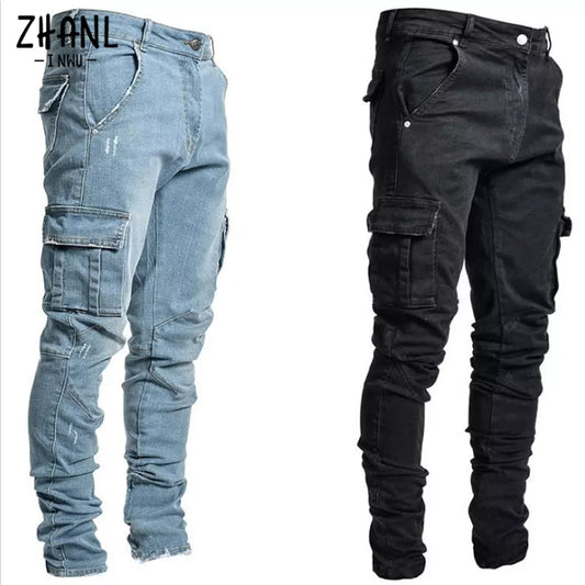 Men Pants Wash Solid Colour Multi Pockets Denim