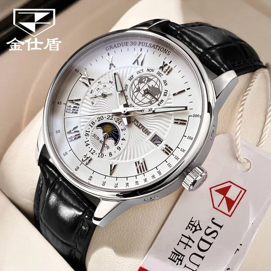 Men Top Brand Luxury Leather Waterproof Sports Moon Phase Wristwatch