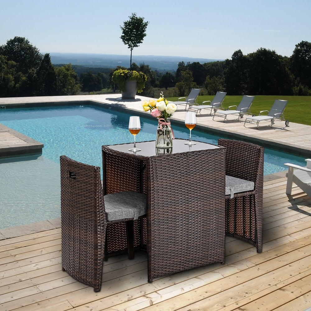 Outdoor Patio Furniture Set 3PCS Rattan Wicker Bistro Set with Glass Top Table - mannisgreatdeals