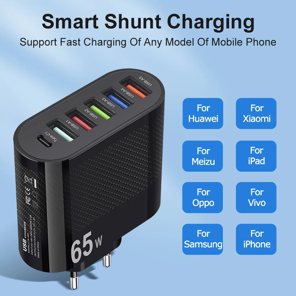 USB Phone Charger 65W 6 Ports PD Type C Fast Charge Wall Charger For iPhone 14 Samsung Xiaomi EU/US/UK Plug Phone Power Adapter