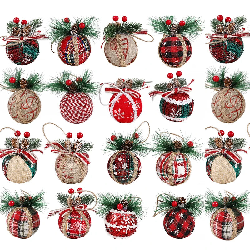 12/24Pcs Red Green Plaid Christmas Balls With Pine Cone Xmas Tree Hanging