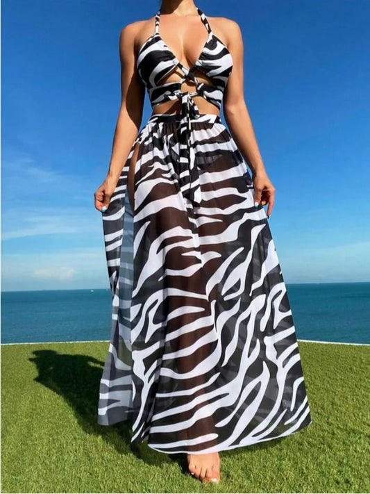 2024 New 3 Pieces Set Cross Wrap Zebra Print Bikini Women Swimsuit