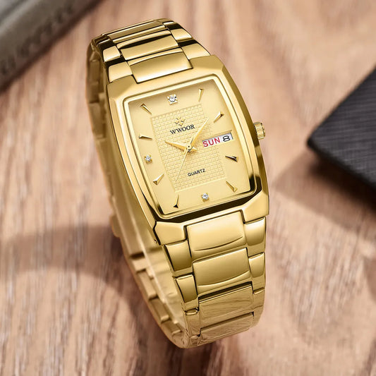 New Square Watch Men with Automatic Week Date  Stainless Steel Gold