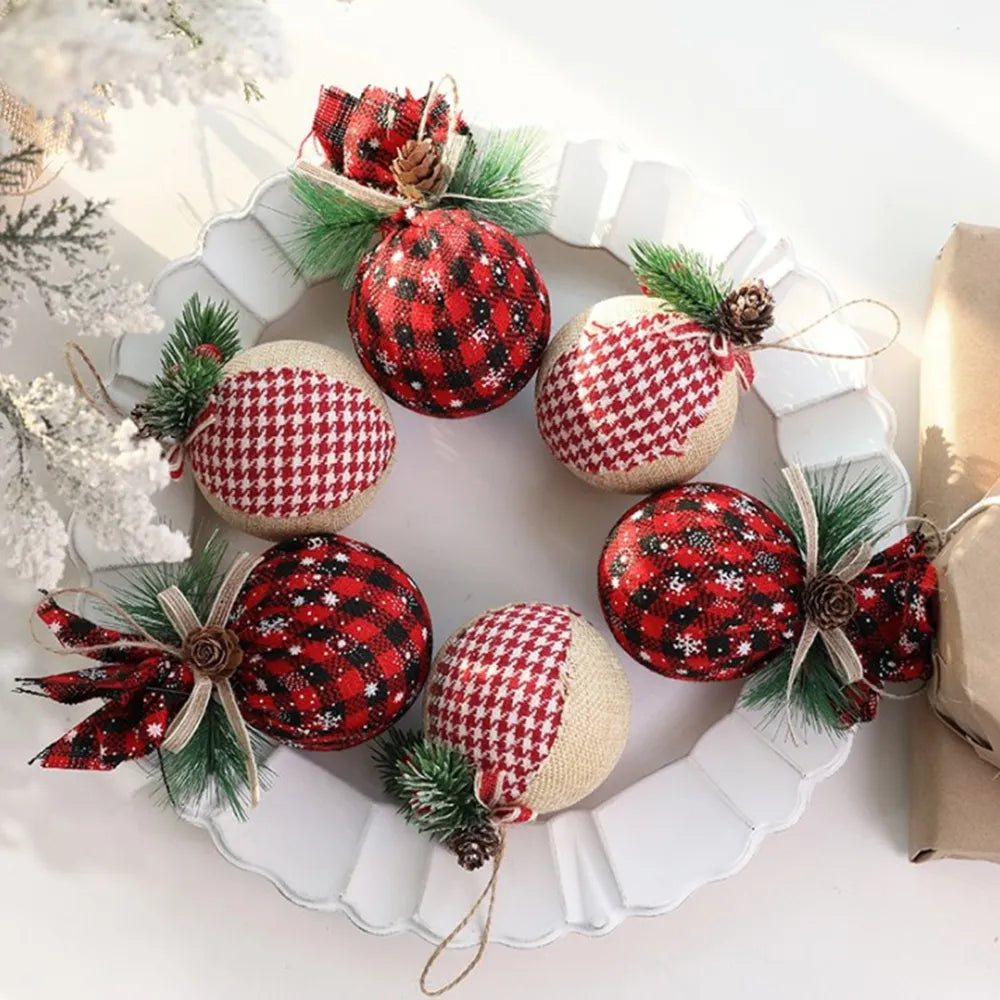 12/24Pcs Red Green Plaid Christmas Balls With Pine Cone Xmas Tree Hanging