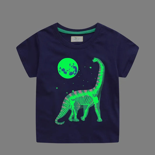 2-7 Years Kids Luminous Cartoon Dinosaur T-shirt 100% Cotton
