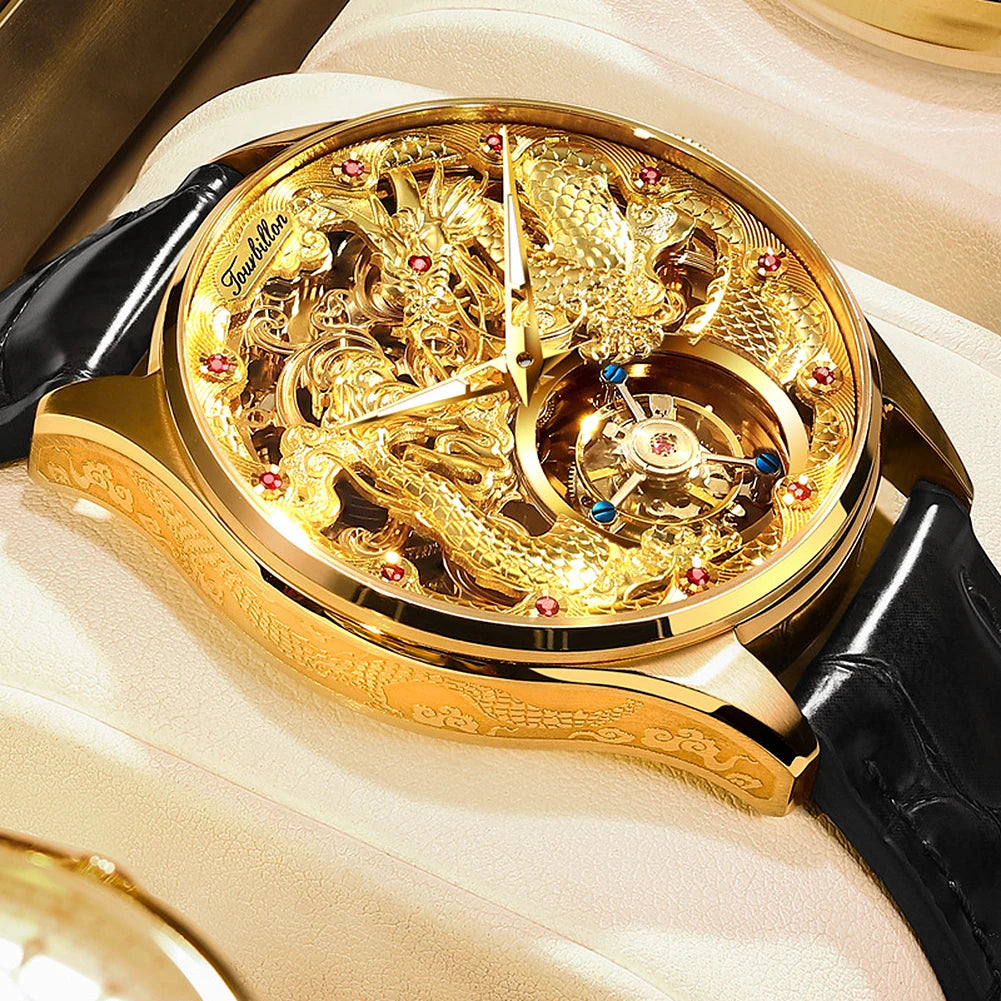 OUPINKE Tourbillon Automatic Men's Watch Skeleton Gold Watch Sapphire Ruby Luxury Wristwatch Waterproof Men's Mechanical Watch