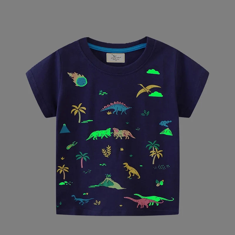 2-7 Years Kids Luminous Cartoon Dinosaur T-shirt 100% Cotton