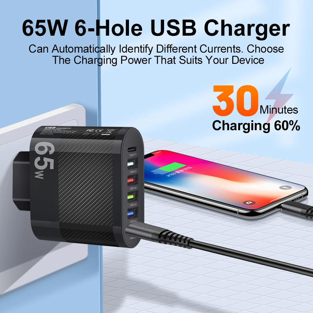 USB Phone Charger 65W 6 Ports PD Type C Fast Charge Wall Charger For iPhone 14 Samsung Xiaomi EU/US/UK Plug Phone Power Adapter