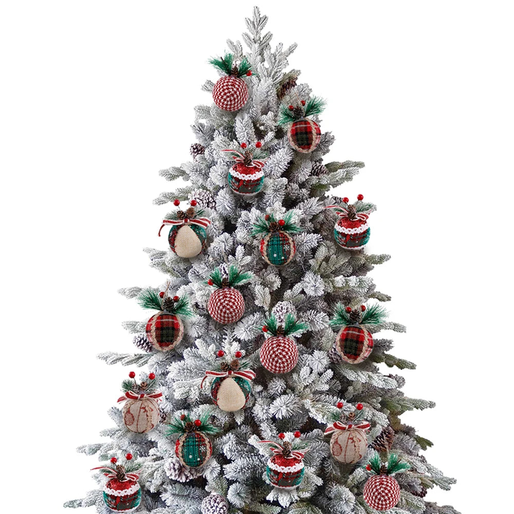 12/24Pcs Red Green Plaid Christmas Balls With Pine Cone Xmas Tree Hanging