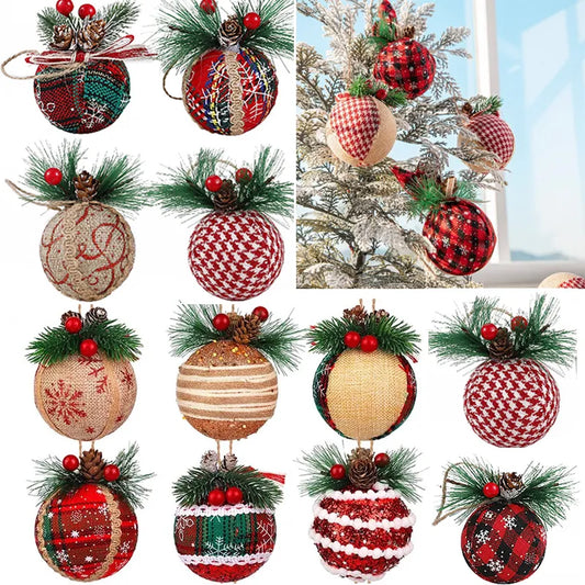 12/24Pcs Red Green Plaid Christmas Balls With Pine Cone Xmas Tree Hanging