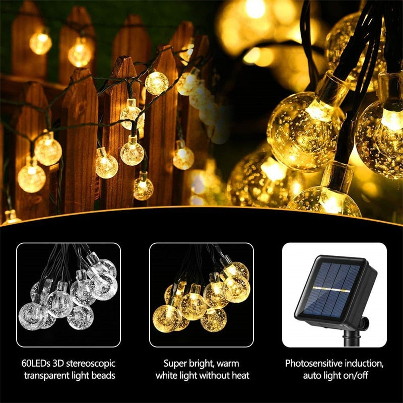 Outdoor Solar String Light 60 LED 8 Modes Crystal Ball/Star Lights Waterproof Solar Powered Twinkle Decor Lamp for Party Patio - mannisgreatdeals