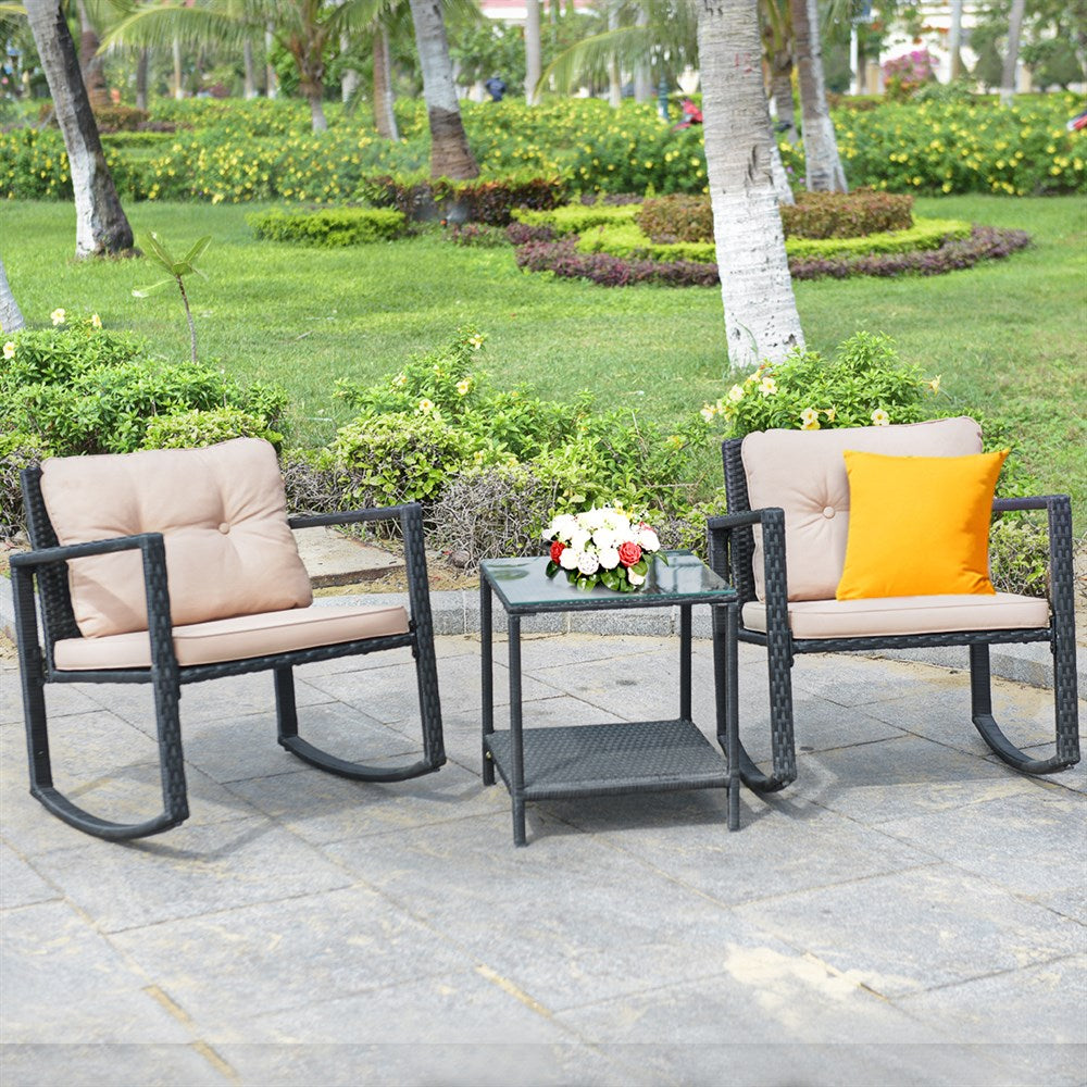 Costway 3PC Patio Rattan Conversation Set Rocking Chair Cushioned Sofa Garden Furniture - mannisgreatdeals