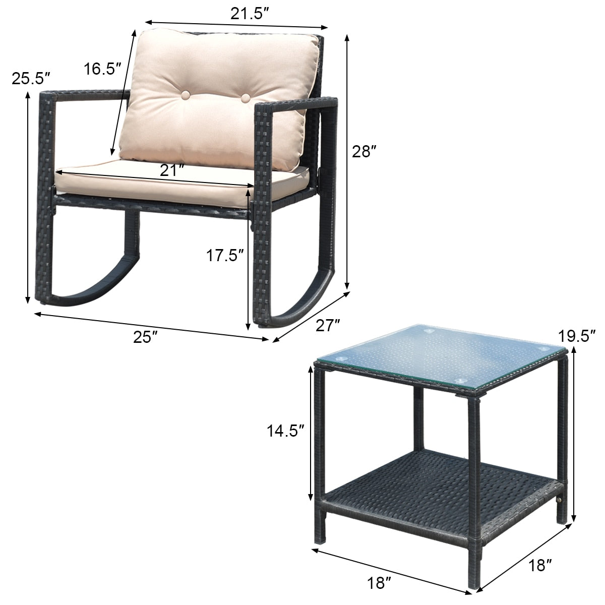 Costway 3PC Patio Rattan Conversation Set Rocking Chair Cushioned Sofa Garden Furniture - mannisgreatdeals