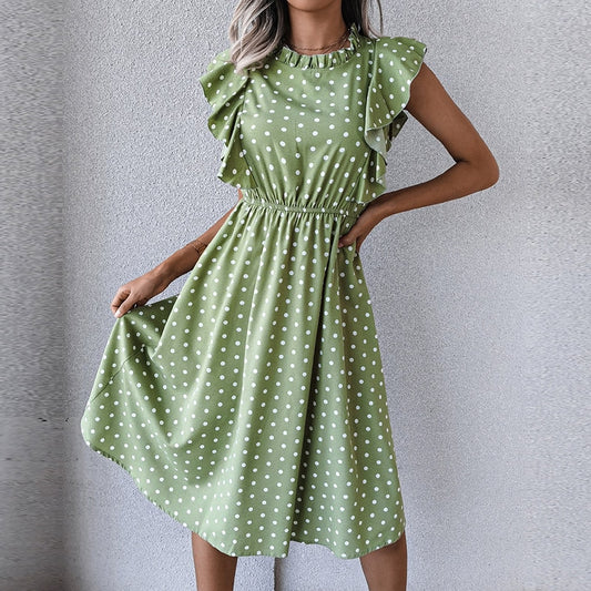 Vintage Butterfly Sleeve Ruffles Heart Dot Print Medium Long Chiffon Ladies - mannisgreatdeals