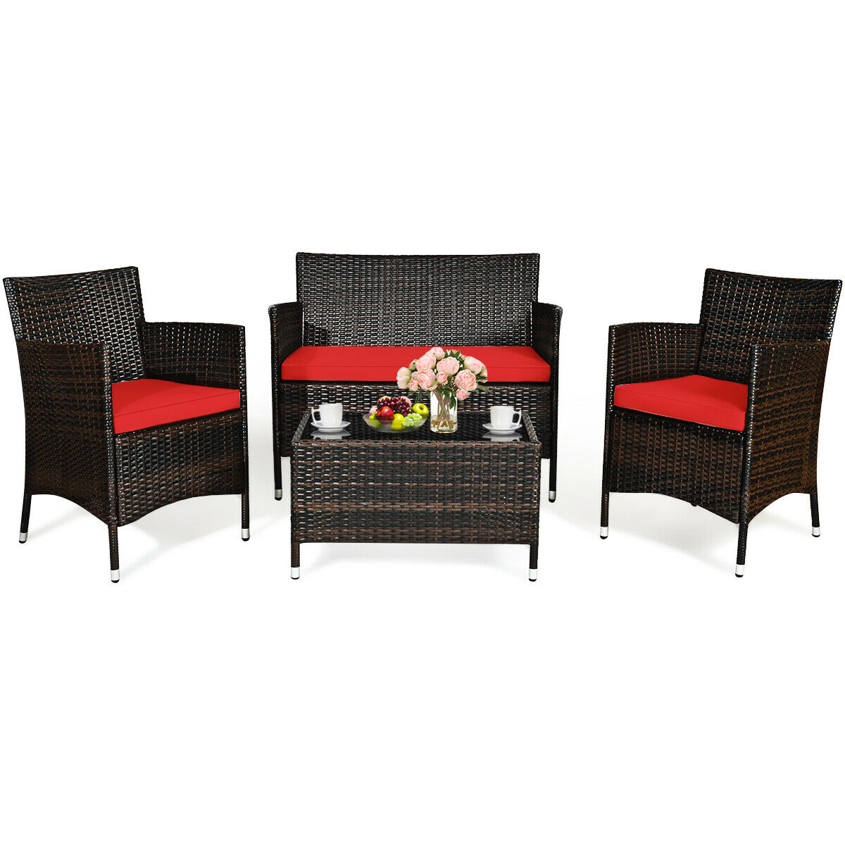 4PCS Rattan Patio Furniture Set Cushioned Sofa Chair Coffee TableTurquoise - mannisgreatdeals