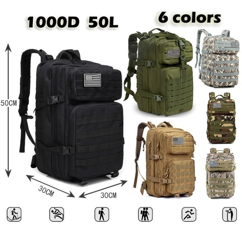 50L 1000D Nylon Waterproof Trekking Fishing Hunting Bag Backpack Outdoor Military Rucksacks - mannisgreatdeals