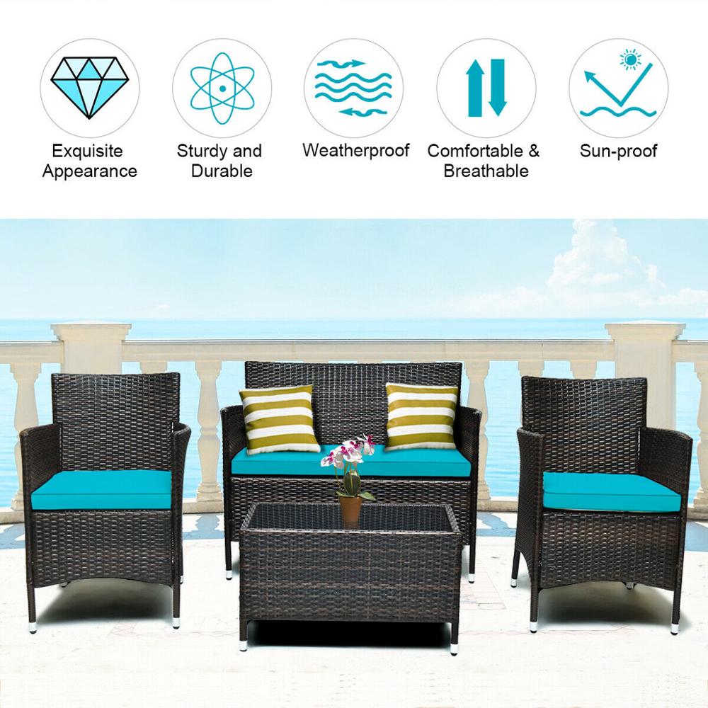 4PCS Rattan Patio Furniture Set Cushioned Sofa Chair Coffee TableTurquoise - mannisgreatdeals