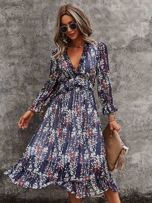 Sexy V Neck Floral Dress Ladies Butterfly Sleeve High Waist Casua - mannisgreatdeals