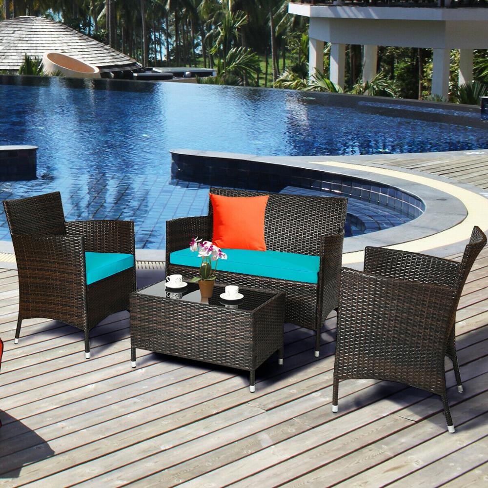 4PCS Rattan Patio Furniture Set Cushioned Sofa Chair Coffee TableTurquoise - mannisgreatdeals