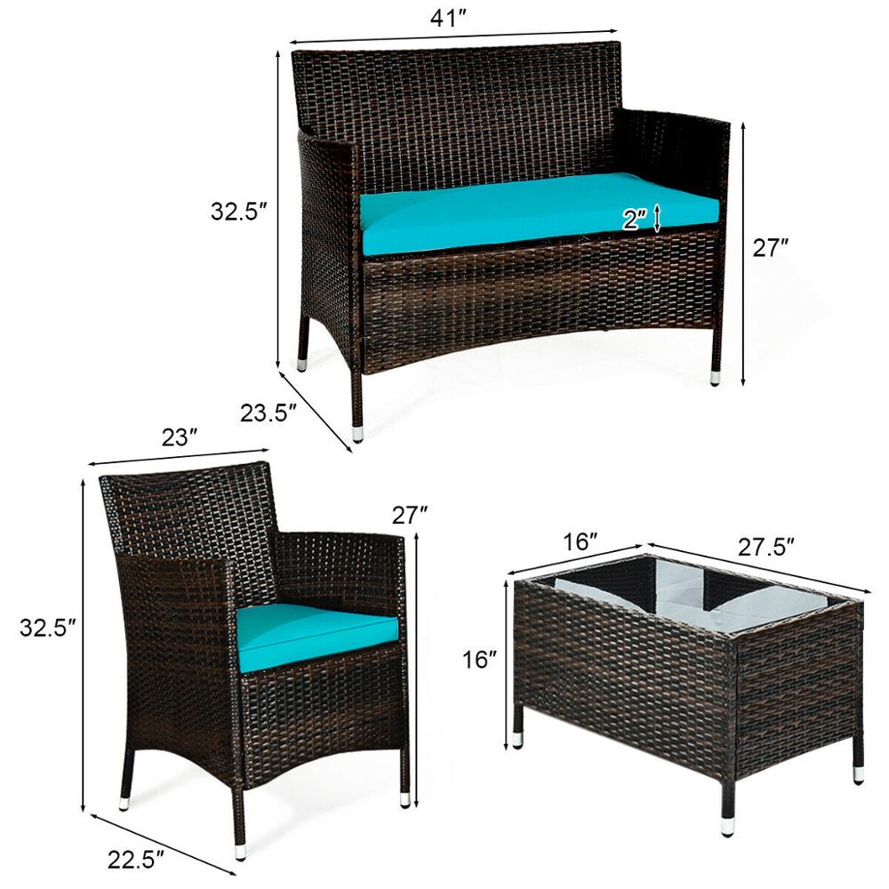 4PCS Rattan Patio Furniture Set Cushioned Sofa Chair Coffee TableTurquoise - mannisgreatdeals